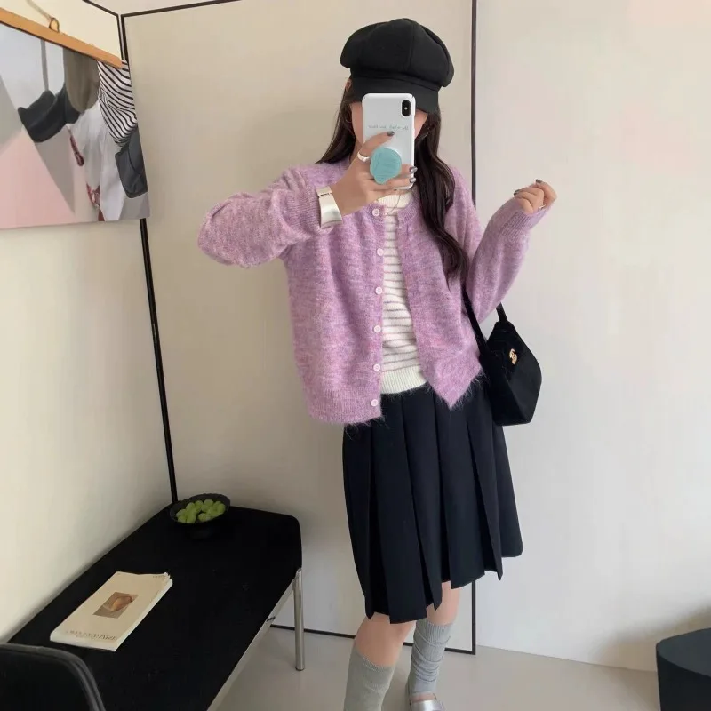 Spring Autumn Loose Vintage Knit Sweater Cardigan Long Sleeve Round Neck Gradient Retro Elegant Casual Kintwear Woman Harajuku