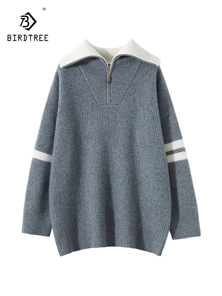 

Birdtree 35%Cashmere 65%Wool Autumn Winter Pullover Women's Solid Zipper Half Open Collar Striped Casual Loose Slim Top T38435QC