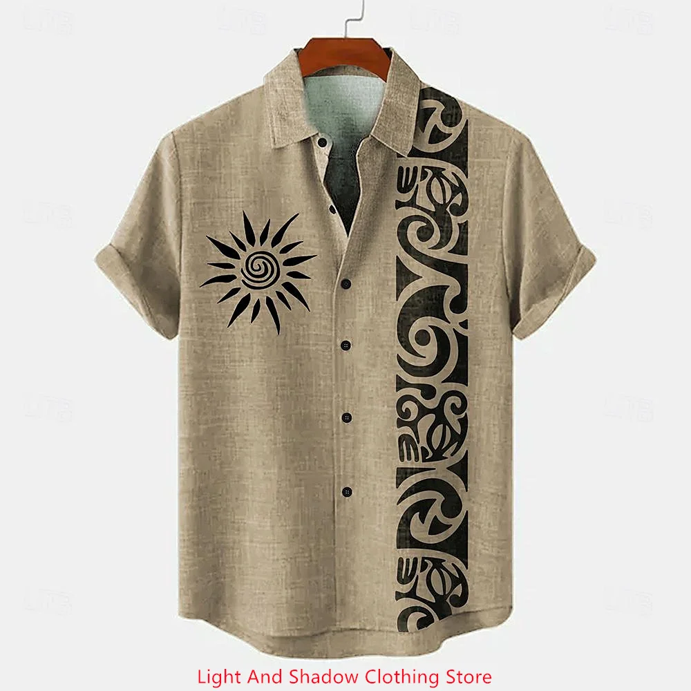 Retro Men's Ethnic Pattern Printed Short Sleeve Lapel Shirt Casual Street Fashion Button up Cardigan Breathable Linen 2025 Style