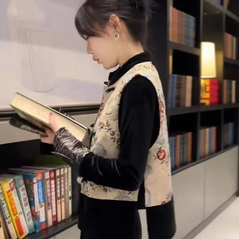 New Chinese Sle National Faion Buttoned Vest Jaet And Dr Two-Piece Set Women's Casual Print Long Sve Winter Outfit