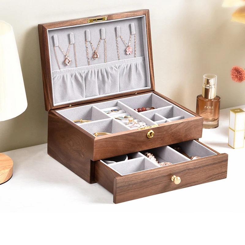 Luxury Wooden Double-Layer Jewelry Storage Box Necklaces Jewelry Box With Lock And Key Organizer Boxes for female