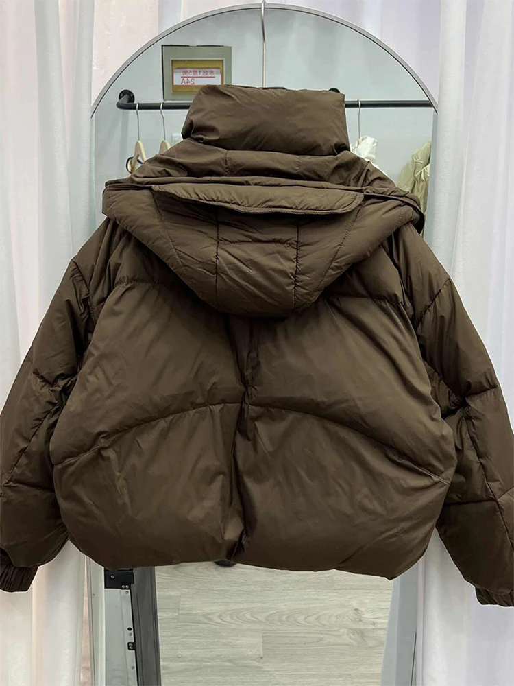 Women Brown Parka Jacket Turtleneck Overcoat Long Sleeve Hoodies Bread Coat Warm Padded Jacket Vintage Winter 2000s Clothes 2024