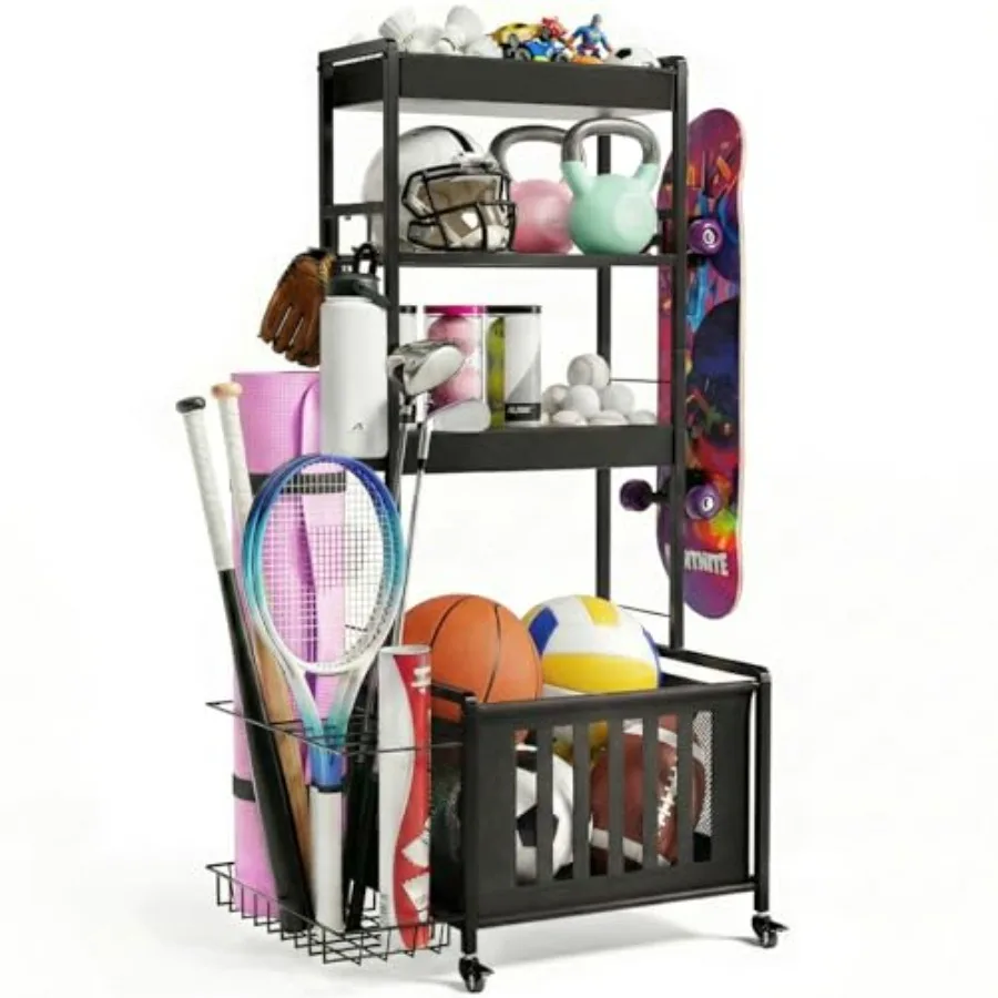 

Small Sports Equipment Organizer Ball Storage Rack for Garage 4-Tier Indoor Rolling Ball Carts with Wheels for Toy Sports Gear