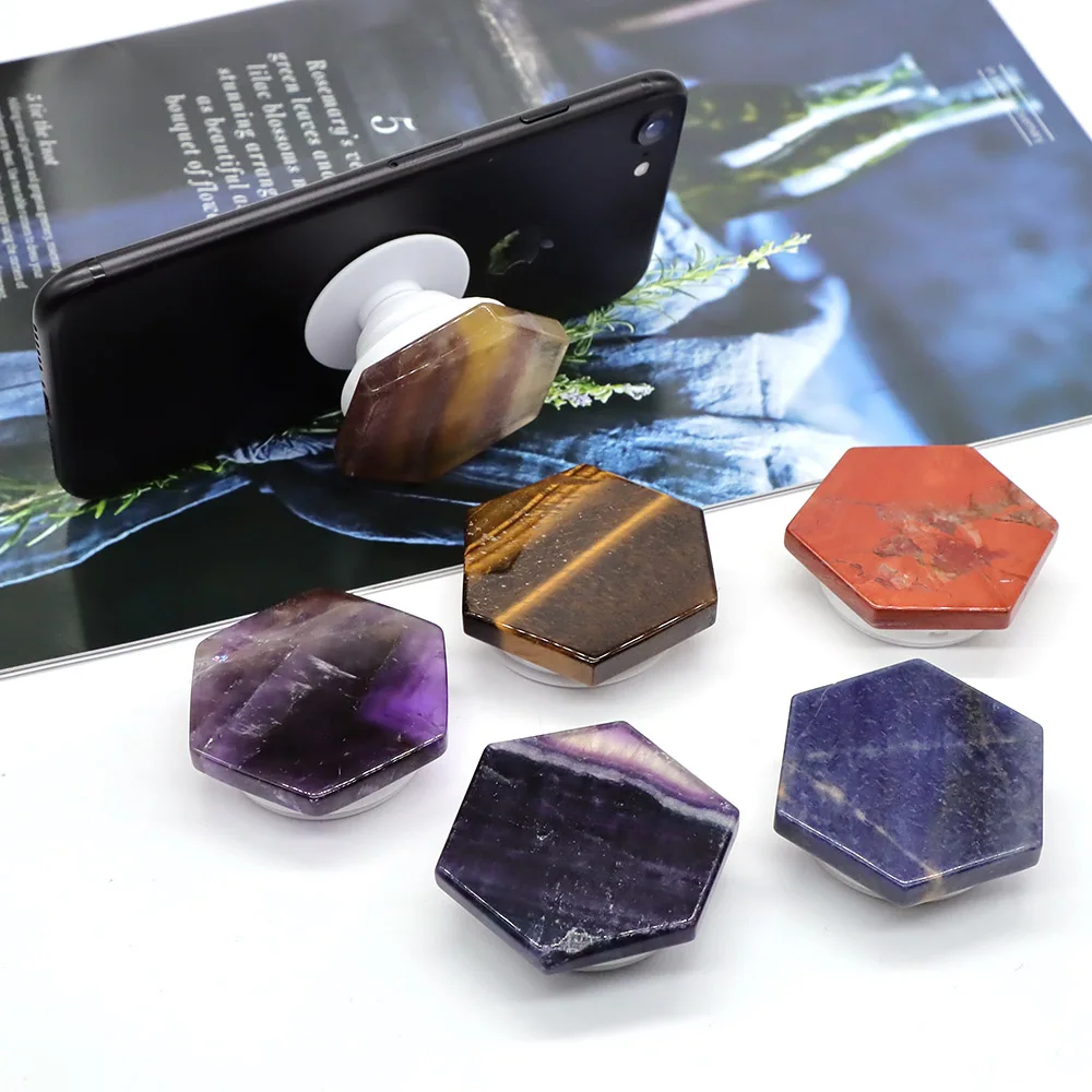 Natürliche Steine Erweiterbar Grip Tok Telefon Halter Finger Ring Amethyst Fluorit Kristalle Healing Hexagon Falten Smartphone Stehen