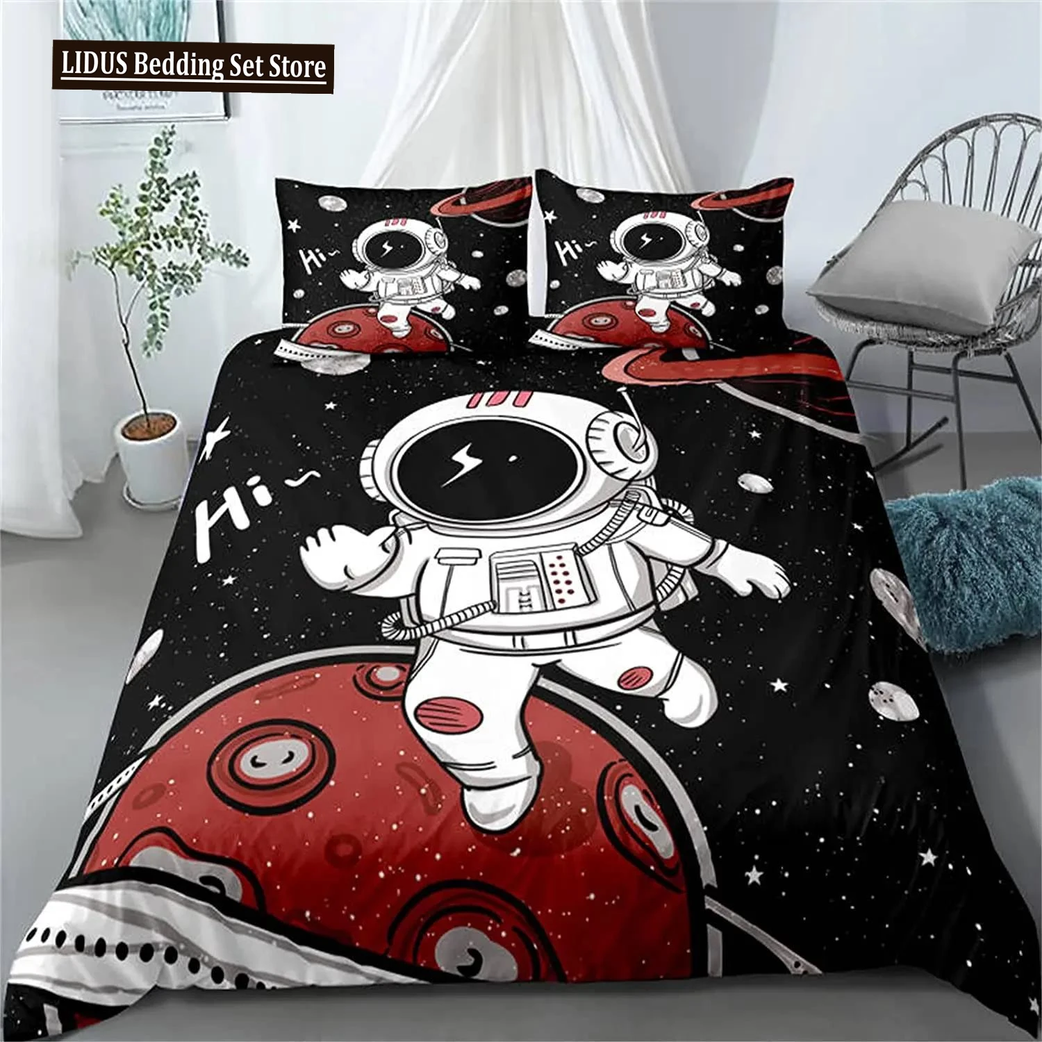 Juego de funda nórdica de astronauta espacial para niños y niñas, juego de cama doble, decoración de dormitorio con temática de galaxia, funda de edredón de poliéster