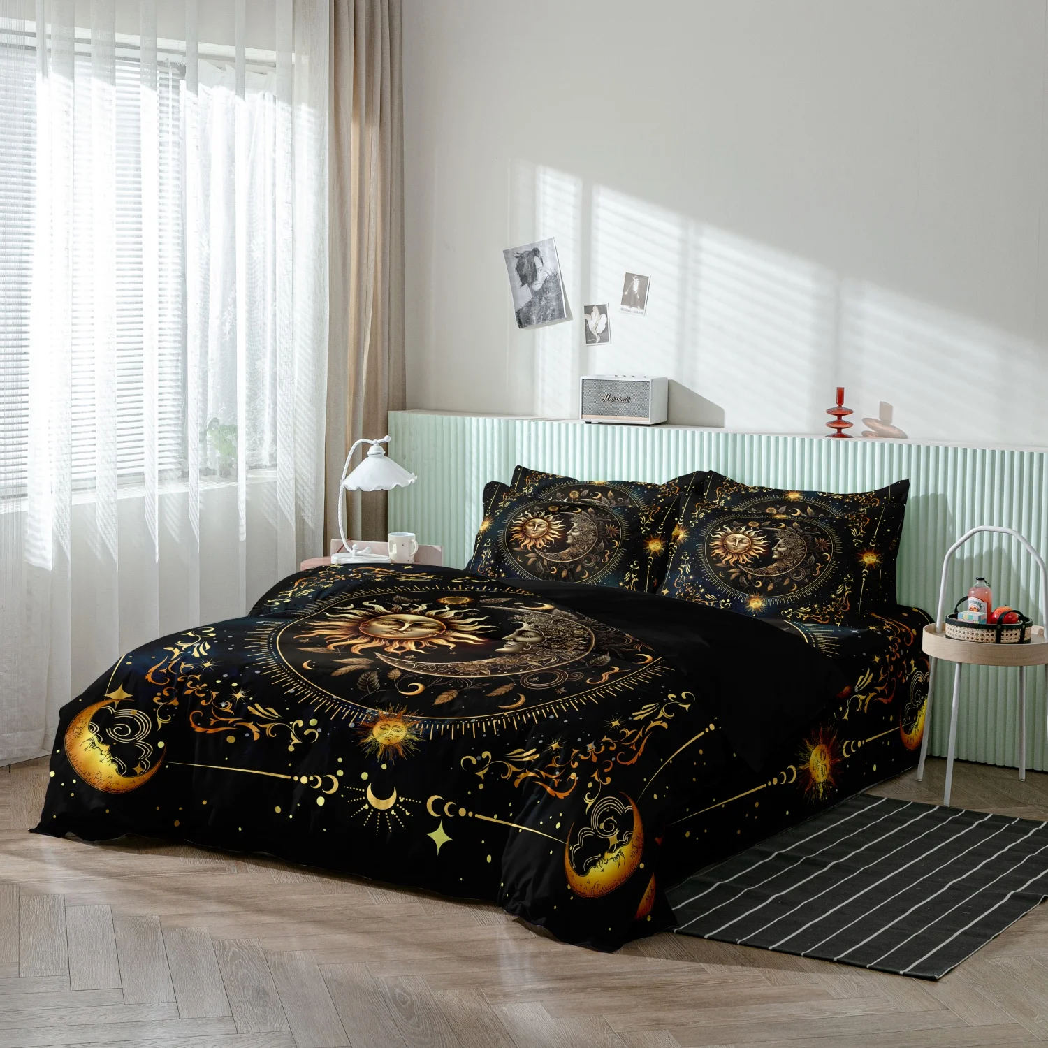 Celestial Sun Moon Print Duvet Cover Set, 3Pcs Dark Blue Starry Golden Sun & Moon Face Star Constellation Floral Pattern Bedding