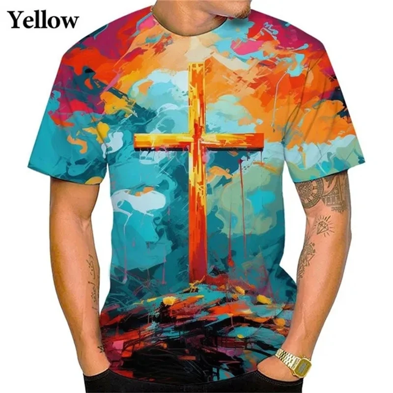 

Cross Faith God 3D Graphic T Shirts Jesus Cross Cool Fun Casual Street Fashion Short Sleeve Top Men Clothing Streetwear T-shirt