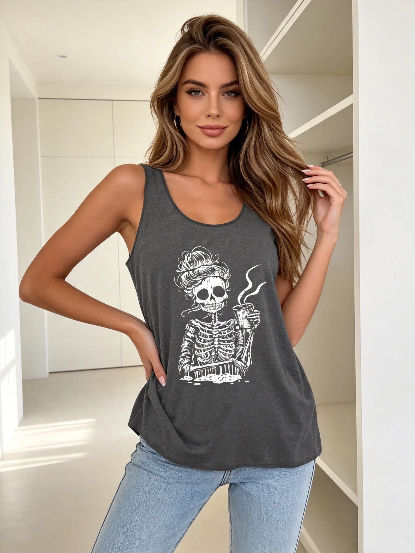 Image of Damen-Top mit Skelett-Print und I-Rücken, ärmellos, Sommer, lässig, personalisiert, trendige Alltagskleidung