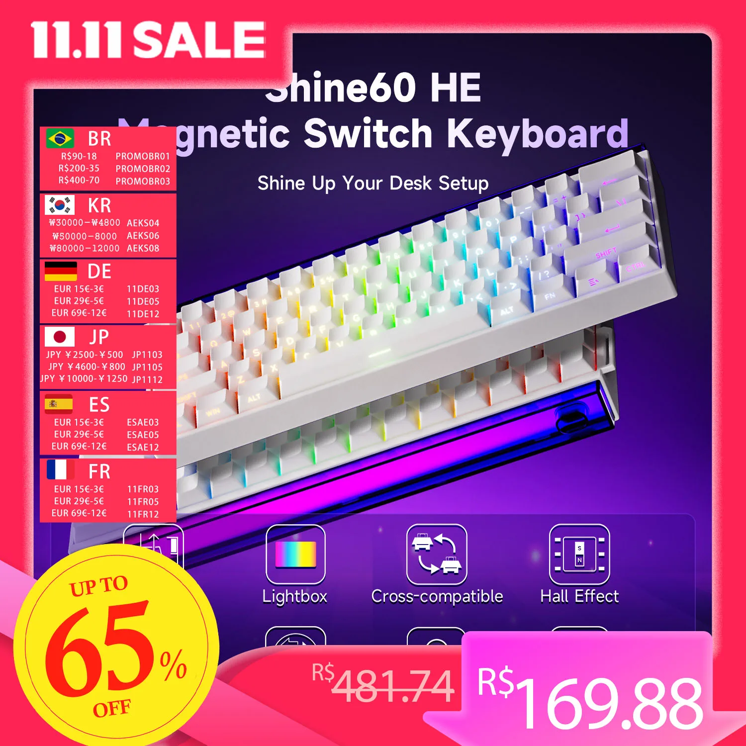 AKKO x Veekos Shine60 HE clavier à interrupteur magnétique 60% déclencheur rapide Keboard RT 0.01mm clé à pression clavier personnalisé pour joueur Esports