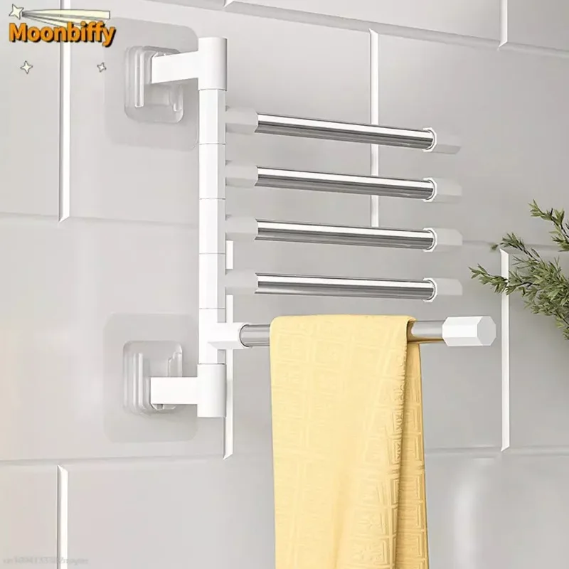 

Punch-Free Bathroom Bath Towel Holder Multi-Bar Wall Mounted Rotating Towel Rack Cabinet Door Back Kitchen Toolhanger Shelf Rack