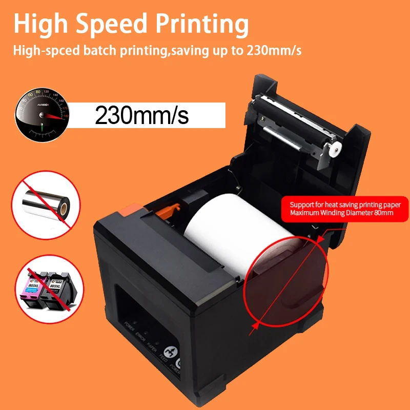 80mm Thermal Receipt Printer Automatic Cutter Restaurant Kitchen Multi-Functional POS Printer USB LAN Bluetooth Desktop Printer