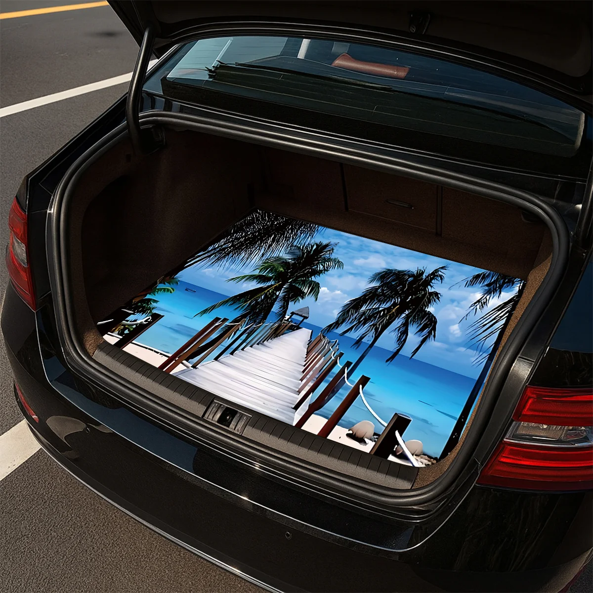 1pc Tropical Beach Wooden Pier Sunset Pattern Car Trunk Mat | Durable Polyester, Keeps Trunk Dry And Clean, Adds Romantic Vacati