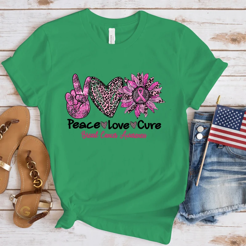 10 Colors Women Fashion Short Sleeve Tee Shirt Peace Love Cure Breast Cancer Awareness Print T Shirt Casual Loose Summer Cool T