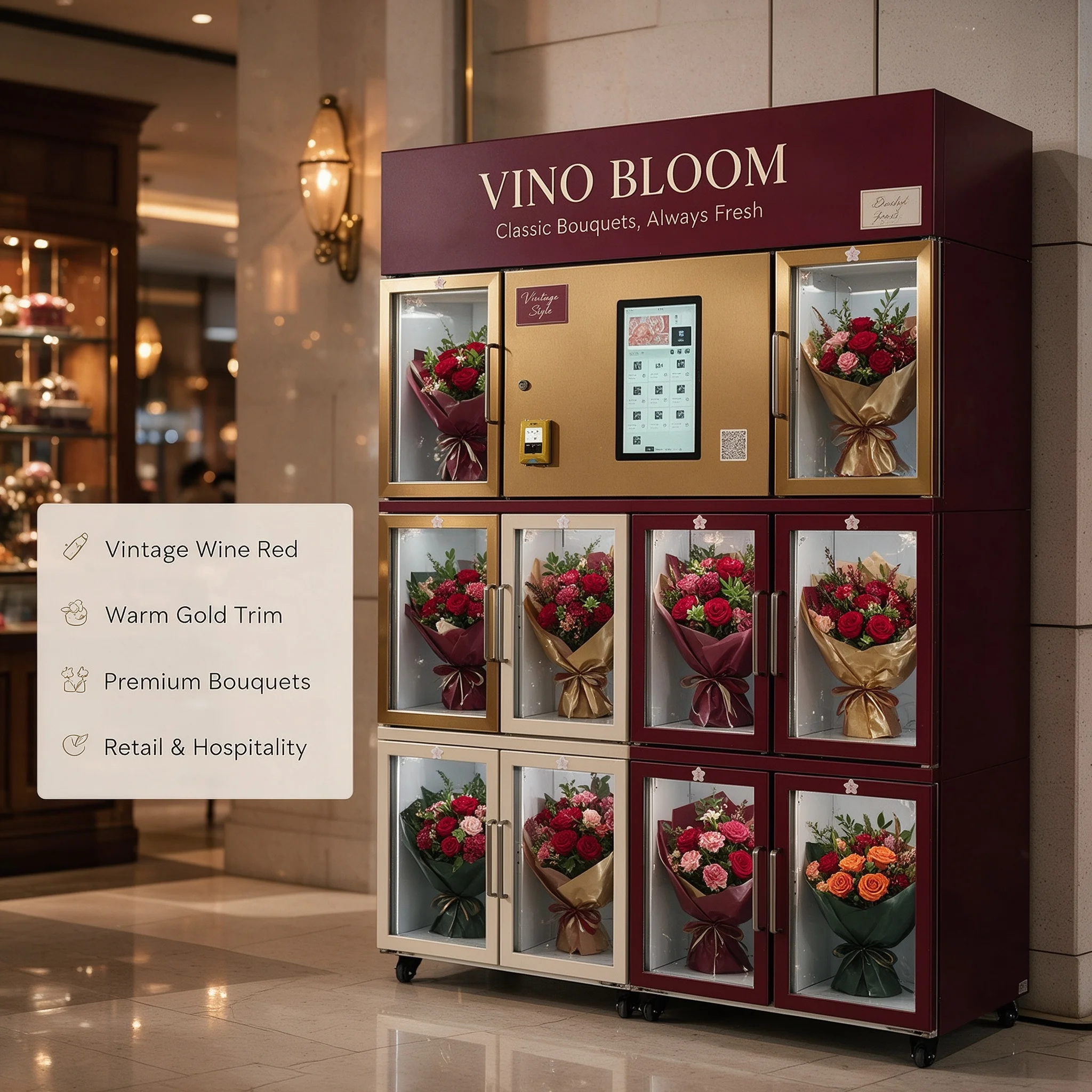 Smart Refrigerated Flower Vending Machine Compressor Cooling 8 Bouquets Capacity Multi-Payment Cloud-Based Management