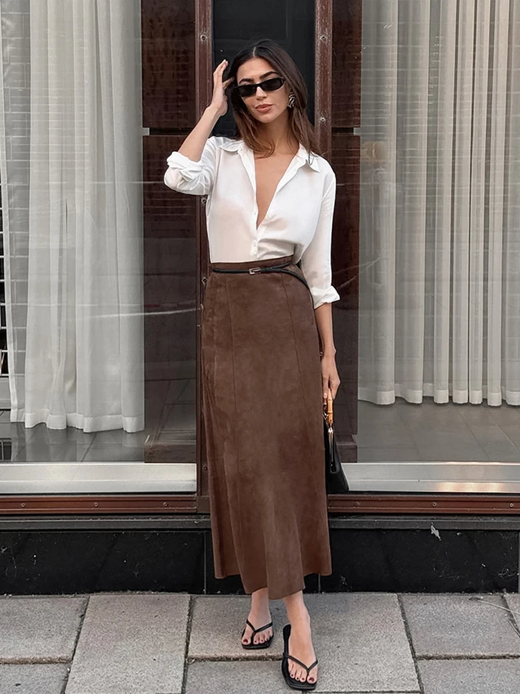 Aynaray Winter Spring 2024 Women Midi Suede Skirts Solid Brown High Waist Trumpet Skirt For Women