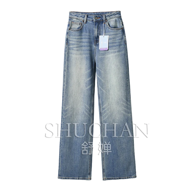 

Fashionable with Long Legs and The Vintage Washed Blue High Waist Straight Jeans Women Streetwear Pants