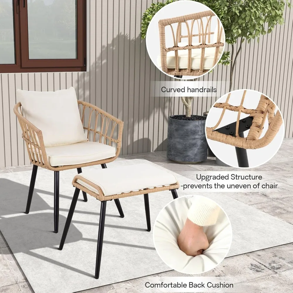 5-delige terrasmeubilairset, terrasbistroset met poef, balkonmeubilair rieten stoelen en ronde tafel voor tuin,