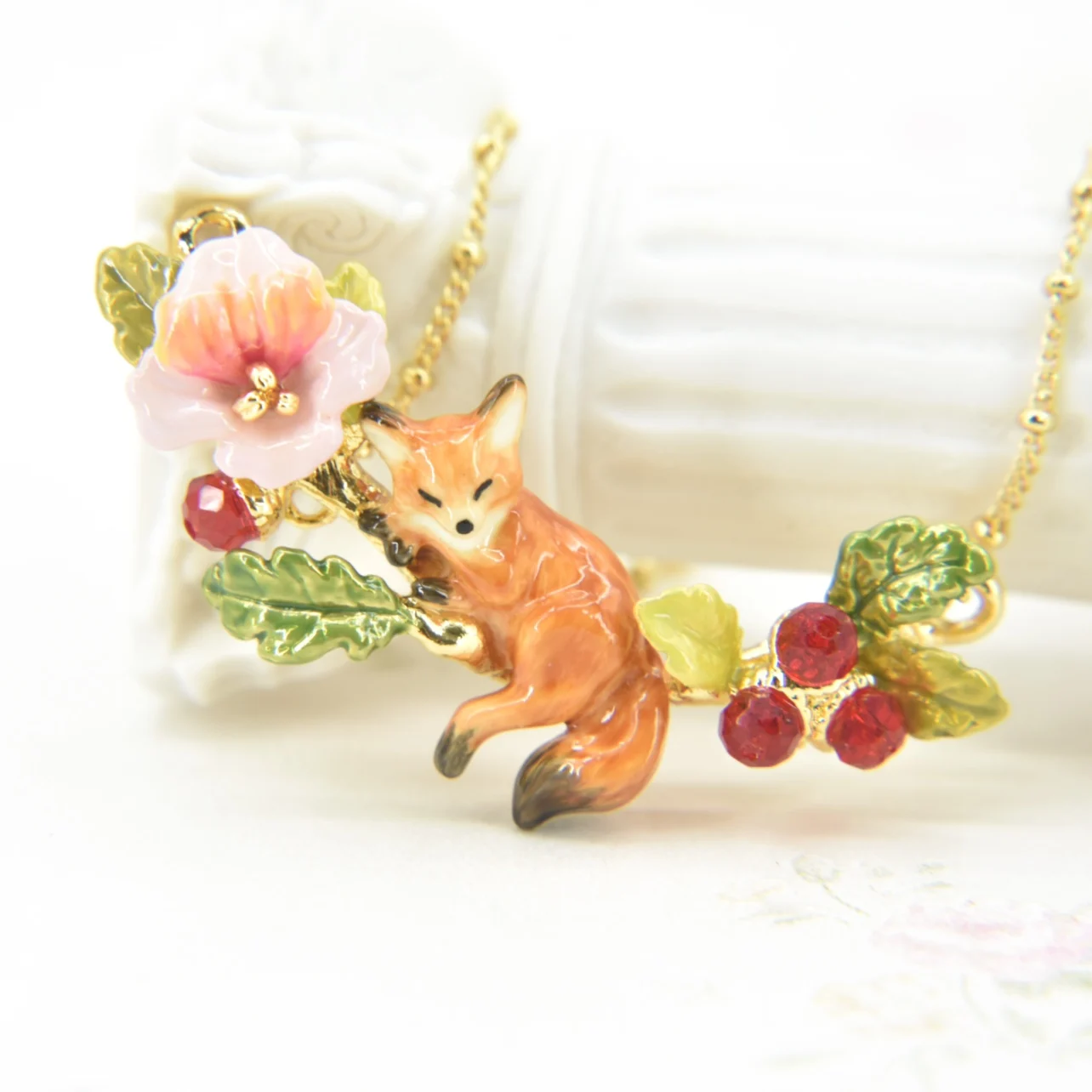 手作りエナメルウェイクフォレストキュートな小さなキツネの優しい栗の花のネックレスブレスレットジュエリー女性用合金-銀メッキ-金メッキ