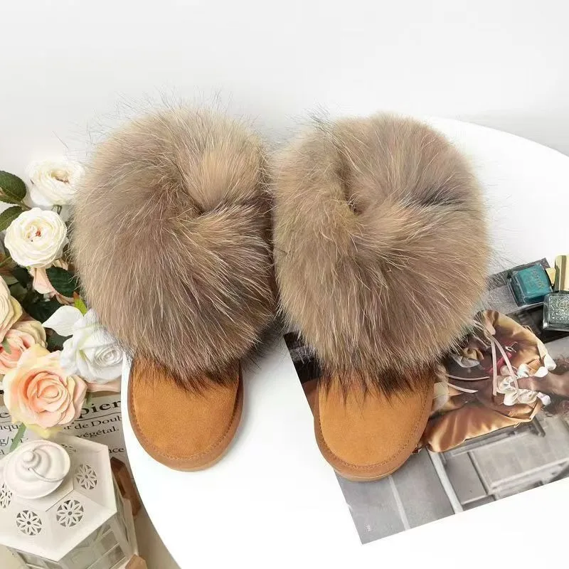 

2026 Women's New Fox Fur Winter One Piece Snow Boots Warm Color European and American Style Thickened Warm Girl 43