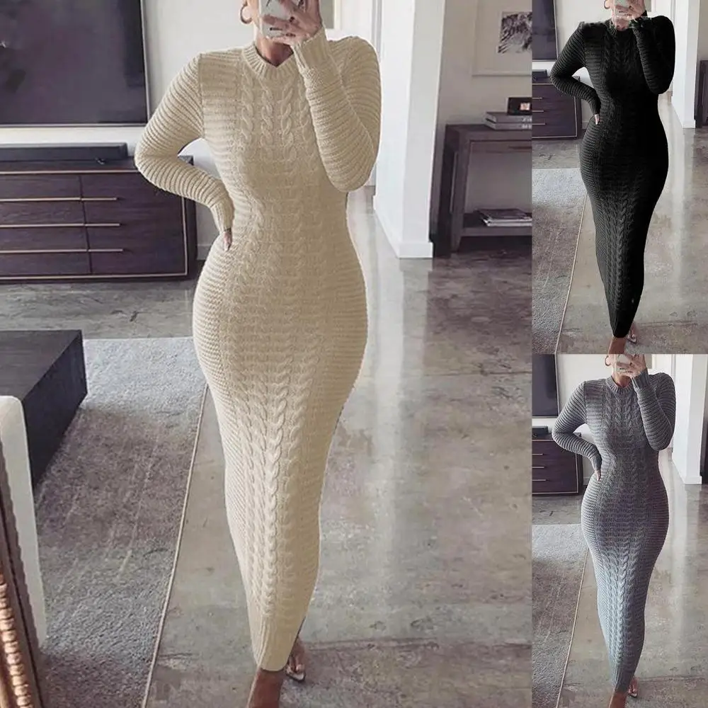 Autumn and Winter Womens Bodycon Dress Long Sleeve Twisted Knitted Bodycon Warm Maxi Sweater Dress