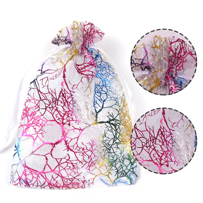 10 Stück/Lot Organza-Geschenktüten mit Kordelzug, Ornament-Verpackungstaschen, mehrfarbig bedruckt mit Bäumen, für Party, Hochzeit, Süßigkeitenbeutel – Detail 4