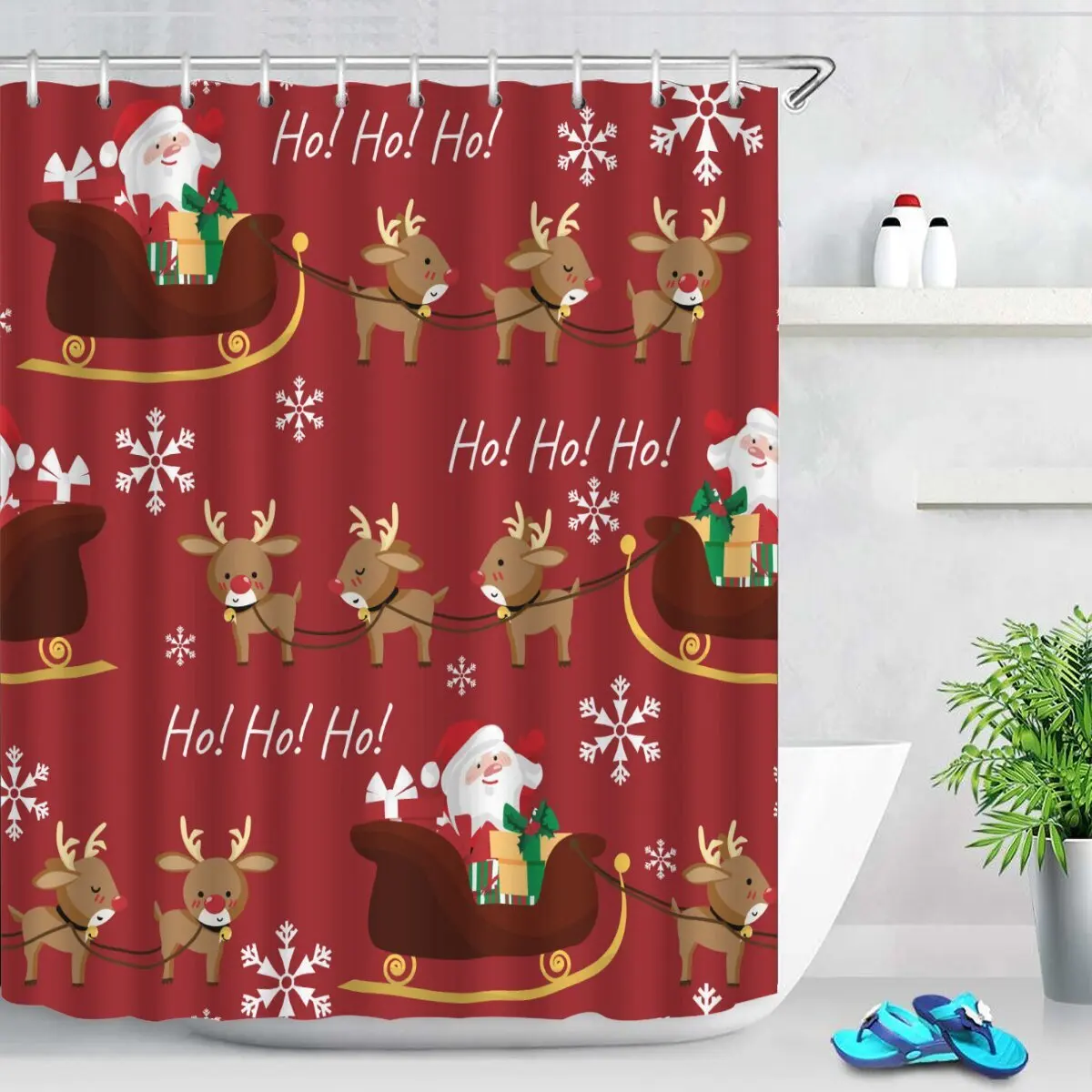 

Santa Claus Bathroom Curtain Santa Hat Elk Shower Curtain Bathroom Waterproof Fabric New Year Holiday Decoration Hooks