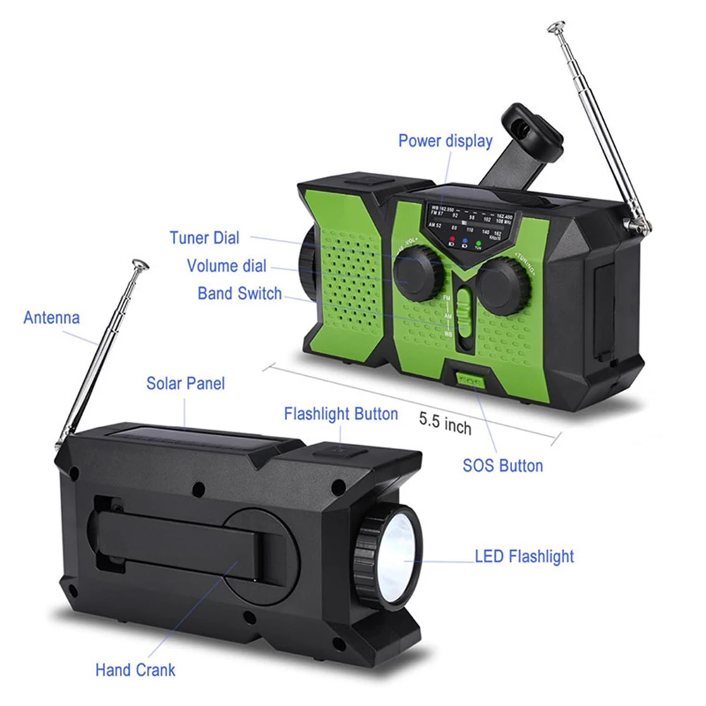วิทยุมือหมุนฉุกเฉิน วิทยุพลังงานแสงอาทิตย์พร้อม Power Bank SOS ไฟฉาย LED วิทยุพลังงานแสงอาทิตย์สําหรับการตั้งแคมป์กลางแจ้งและเหตุฉุกเฉิน