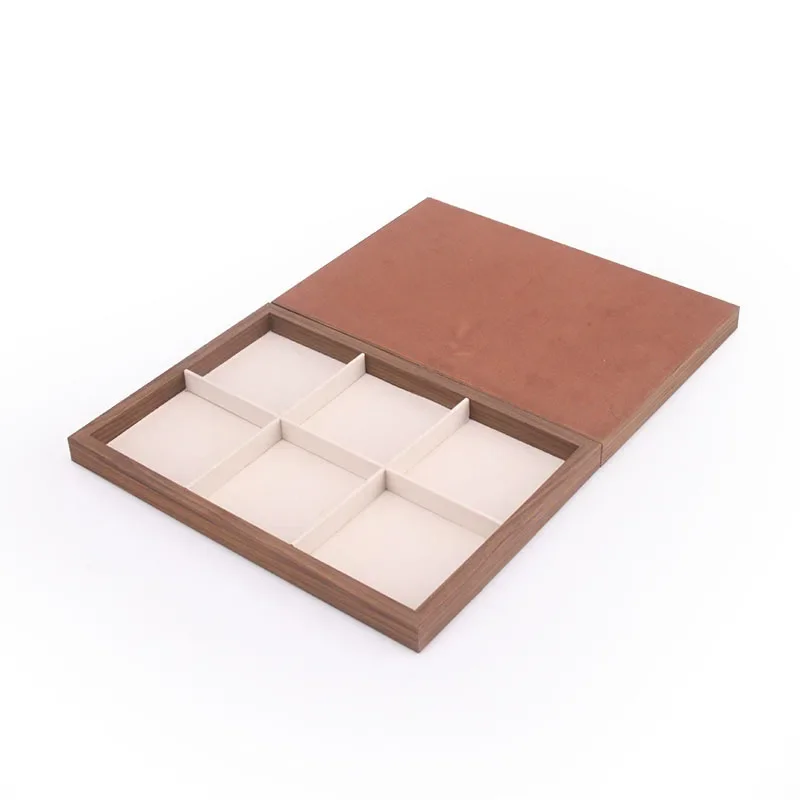 الجوز الأسود الخشب الحبوب علبة مجوهرات حلقة قلادة سوار صندوق عرض Mie البيج المخملية مجوهرات اكسسوارات التخزين المنظم #4