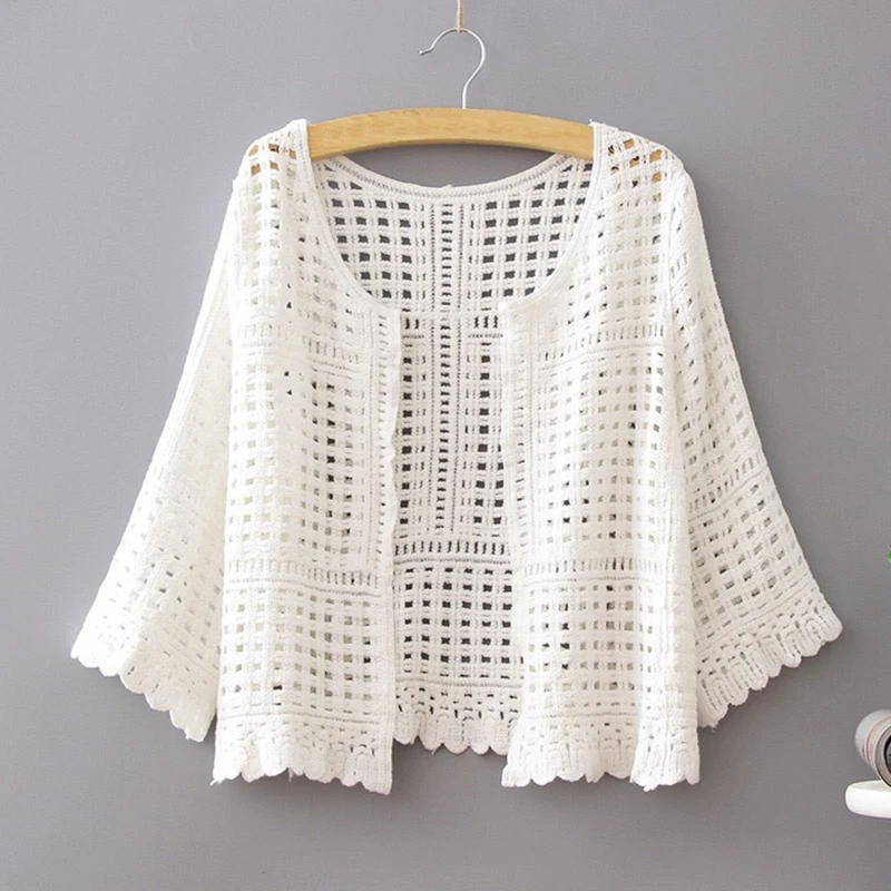 Women Spring Summer Flare 3/4 Sleeves Kimono Cardigan Hollow Out Crochet Knit Plaid Lace Cropped Jacket Sun Protection Up L21E