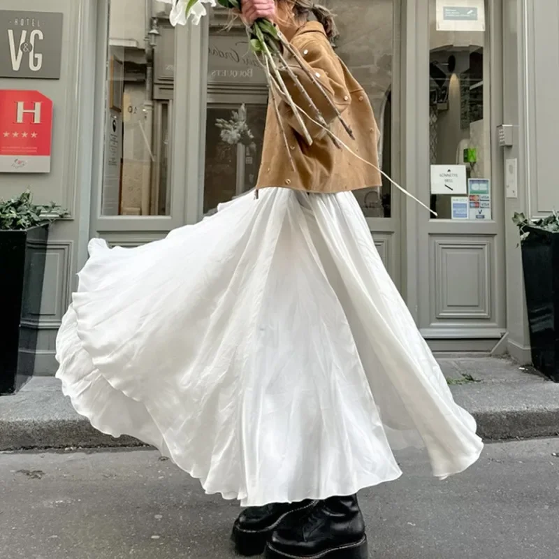 Elegante saia de cetim solta feminina, saia branca linha A cachoeira longa, roupas de temperamento feminino, nova moda 2024