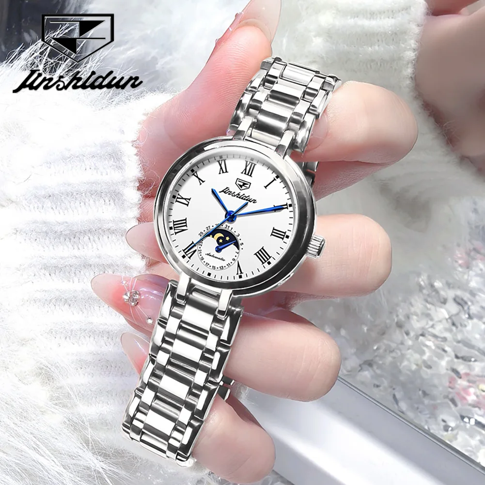 JSDUN 8981 Roman Scale Women Watch Luxury All Automatic Mechanical Watch Retro Moon Phase Waterproof Elegant Brand Ladies Watch