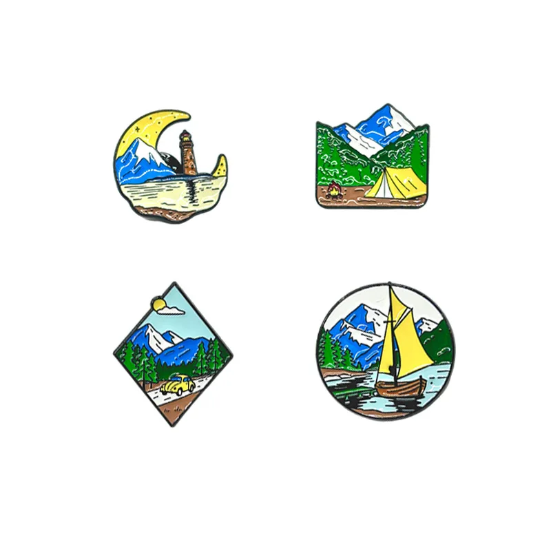 New Outdoor Camping Travel Metal Pin Badge Tent Sailboat Lighthouse Brooch DIY for Clothes Bags Hat