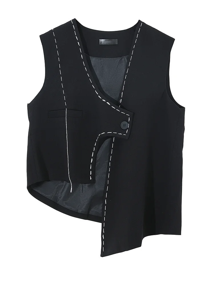 [EAM] chaleco Irregular informal cosido negro holgado para mujer nuevo cuello en V sin mangas moda tendencia primavera otoño 2024 1DF1072