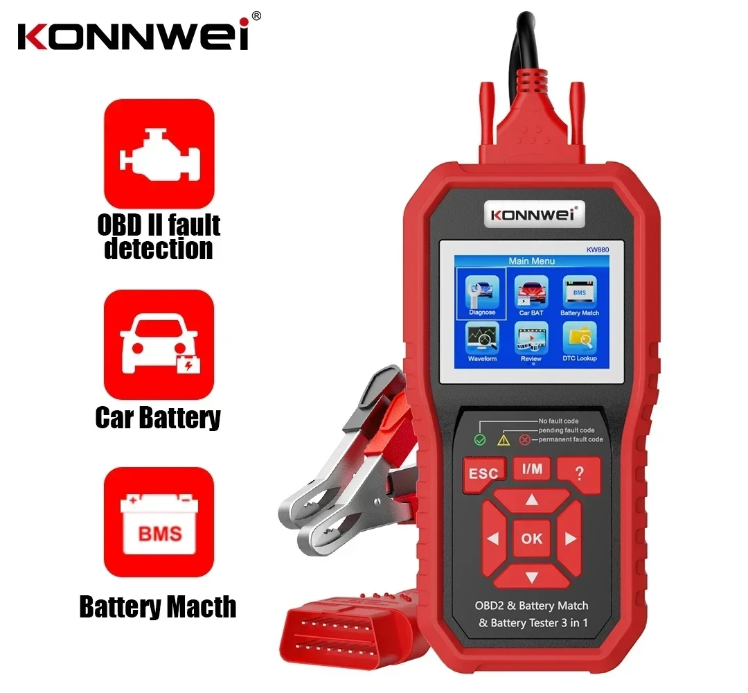 

KONNWEI KW880 12V Car Battery Tester Analizer Auto Diagnostic Tool Battery Match 3 in 1 Car OBD2 Scanner Full OBD2 Function