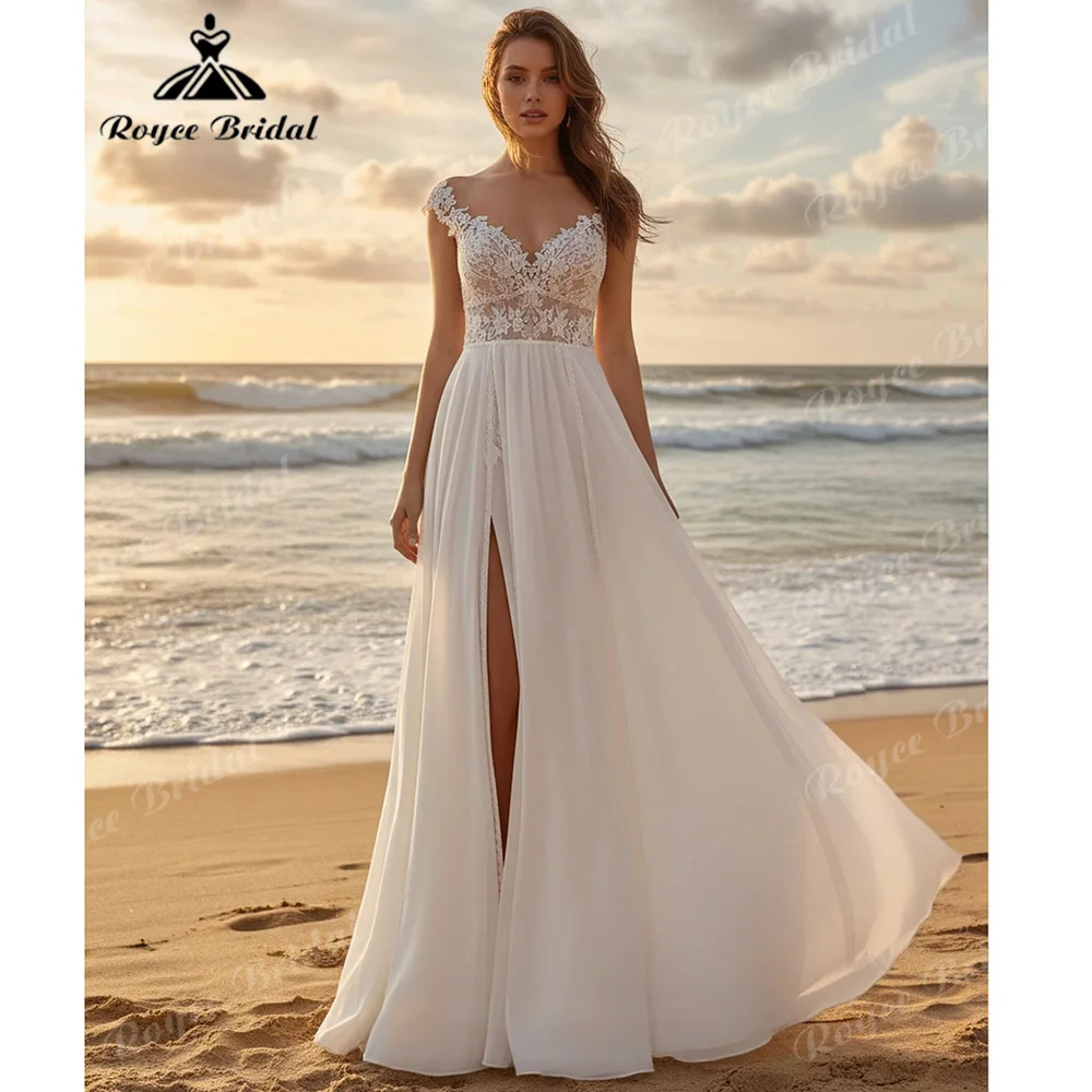 2027 Boho Beach Wedding Dress Deep V Backless Lace Bodice Chiffon A Line Slit Skirt Court Train Vestido De Novia Customized