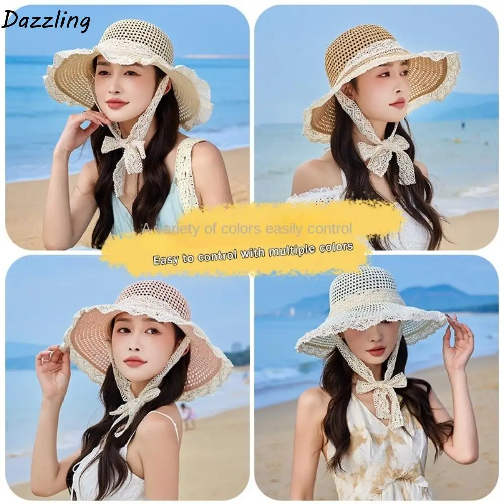

Fashion Large Brim Women Straw Hat Breathable Korean Style UV Protection Cap Sunshade Neck Cover Lace Tied Sun Hat Girls