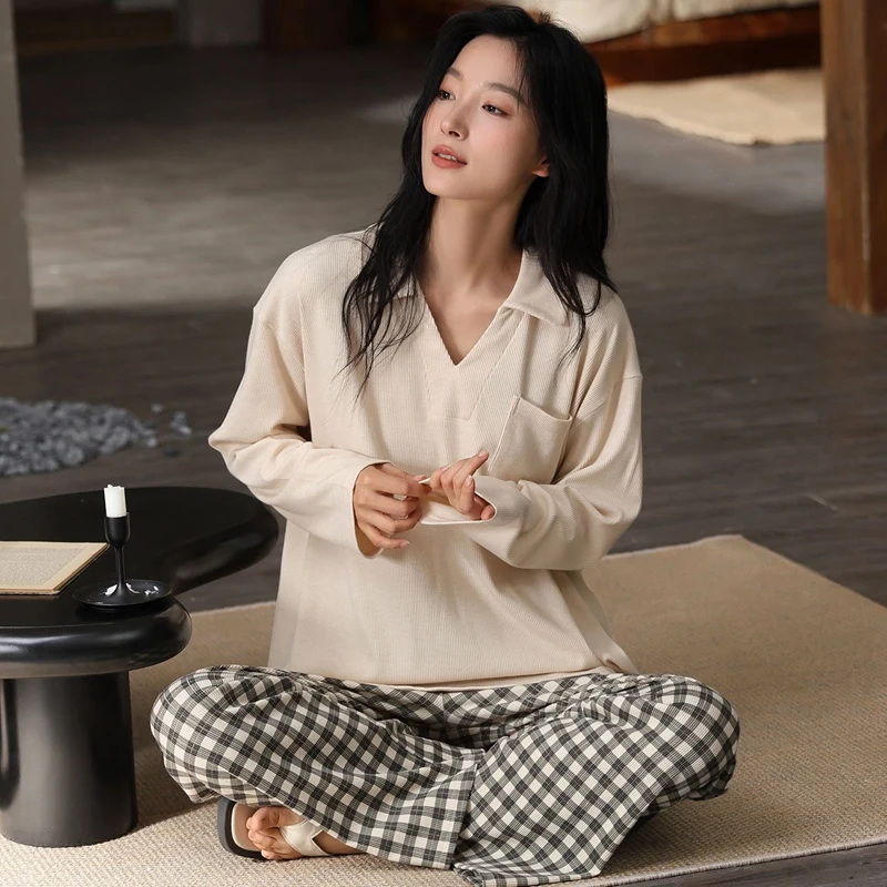 أطقم بيجامات قطنية مشروط جديدة لخريف 2025 بأكمام طويلة ورقبة على شكل حرف v للنساء ملابس نوم كورية بيجامة ملابس منزلية بيجاما موهير ملابس منزلية #6