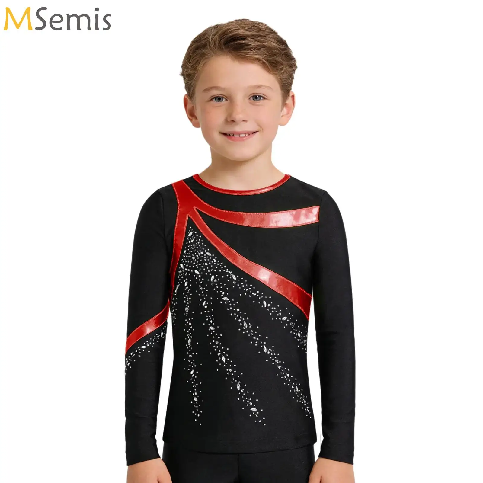 

Kids Boys Figure Skating Costume Metallic Contrast Color Long Sleeve Rhinestones T-Shirts Top for Gymnastics Dance Performance
