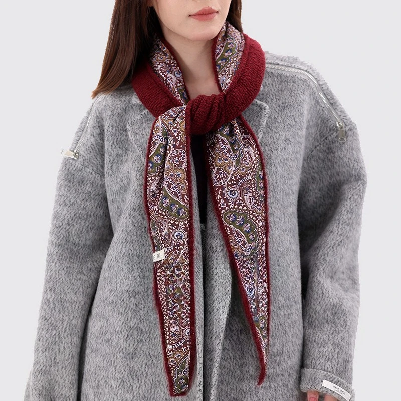 New Women Print Knit Triangle Scarf Contrast Red Edge Decorative Vacation Shawl Fashion Chic Casual Neck Wrap Bandana