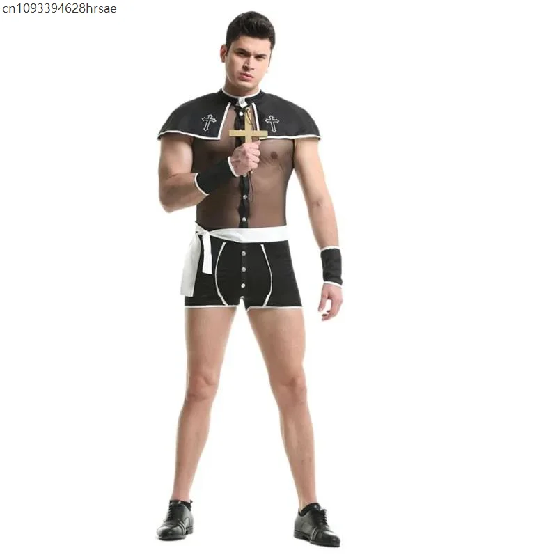 

Mens Sexy Mesh Priest Cosplay Uniform Set Gay Bar Role Pastor Easter Carnival Halloween Play Dance Perform Costume Outfit
