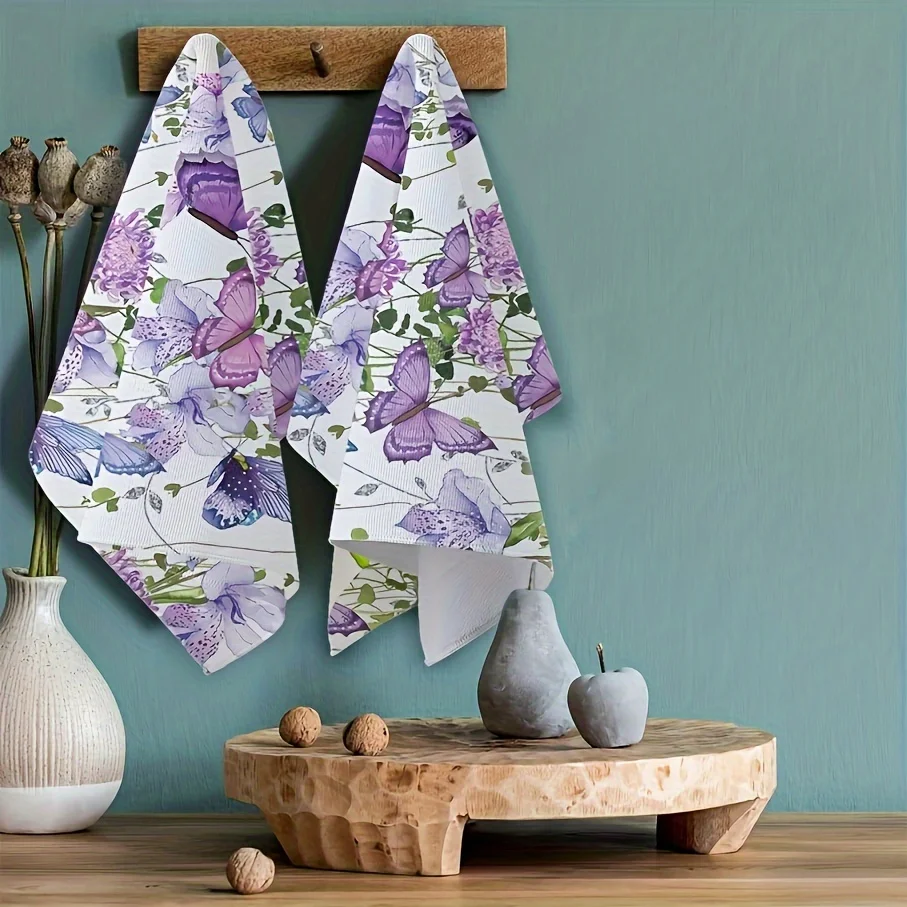 2pcs Purple Butterfly Towels Super Absorbent  Home Clean Decor