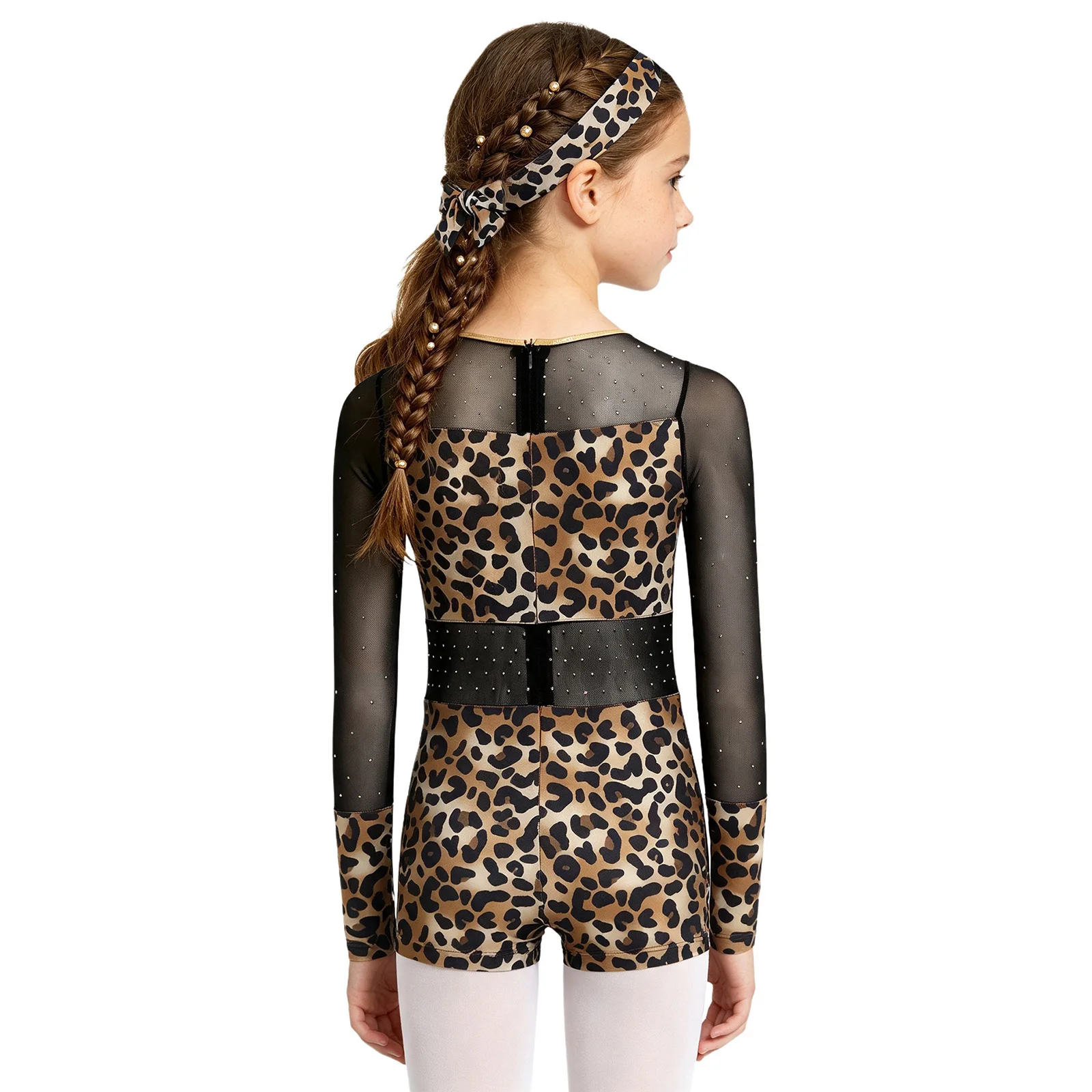 Kinder Mädchen Strass Leopardenmuster Jumpsuit für Ballett, Halloween Höhlenmenschen-Kostüm, Reißverschluss Metallic-Besatz Bodysuit – Detail 4