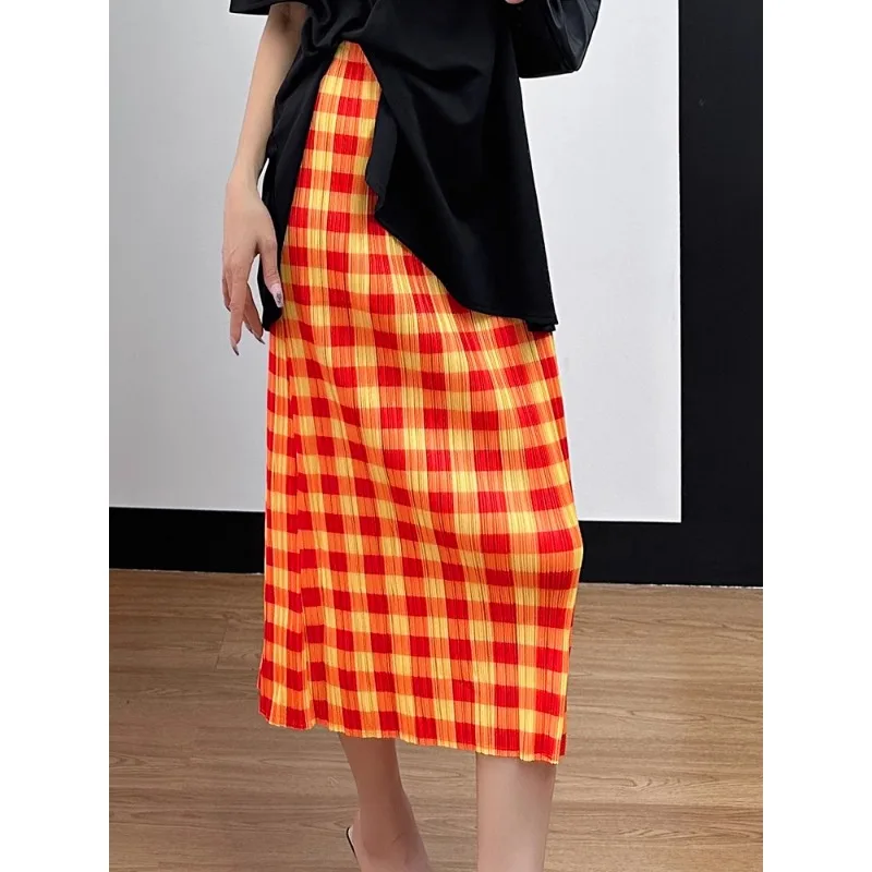 Miyake 2024 Summer New Fashion Half Skirt Checked Children's High End Mid Length Versatile Simple Half Skirt