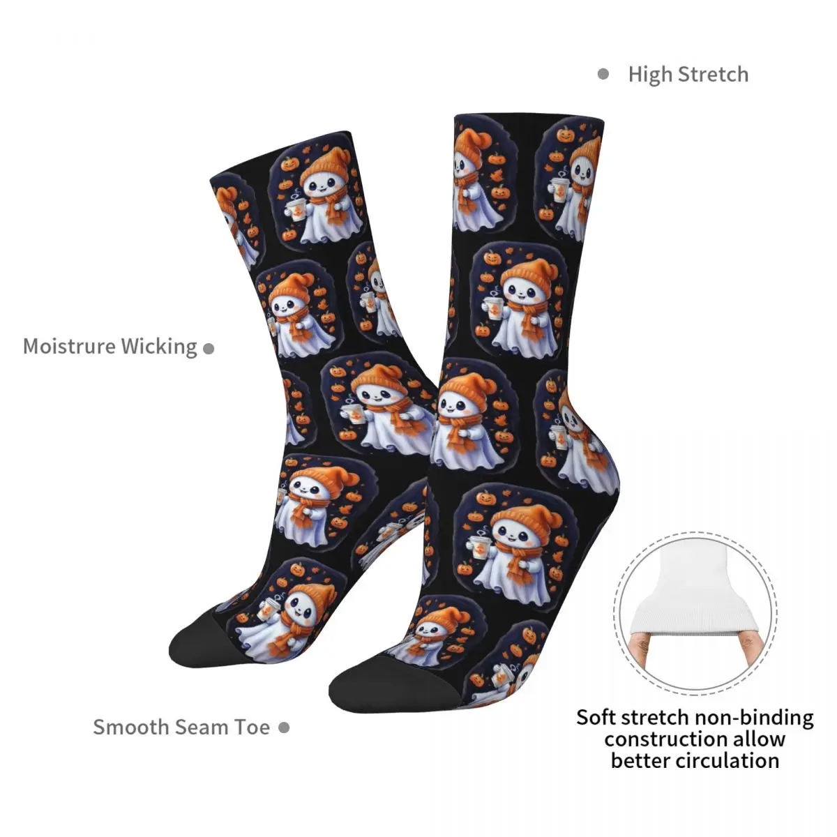 Cute Ghost Drinking Iced Coffee Halloween Design Socks Harajuku Stockings All Season Long Socks for Man Woman's Birthday Present