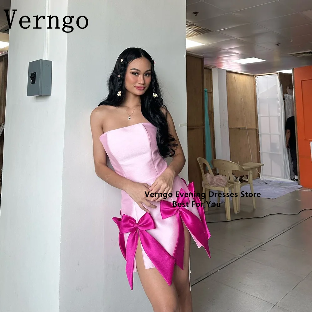 

Verngo Pink Satin Mini Party Dress Strapless A Line Bow Short Celebrity Dress Girl Princess Birthday Dress Sexy Cocktail Dress