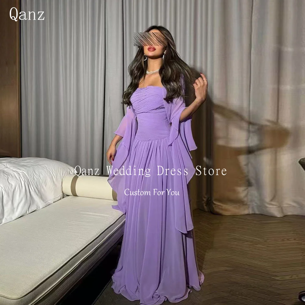 Qanz Customized Evening Dresses Purple Chiffon Long Sleeves Floor Length Party Dresses Dubai Formal Occasion Gowns for Women