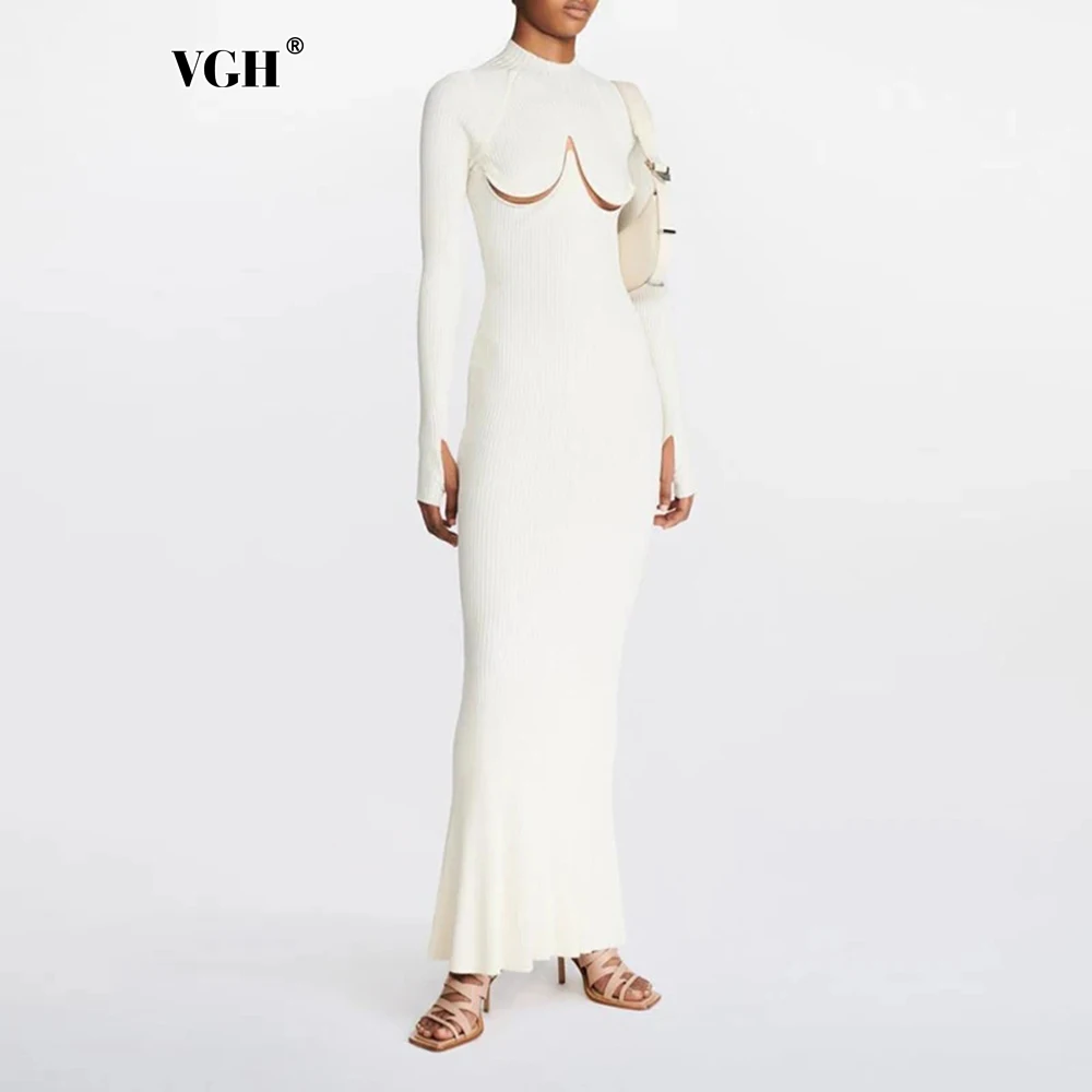 

VGH Sexy Solid Slimming Knitting Dress For Women Turtlenneck Long Sleeve Backless High Waist Hollow Out Bodycon Dresses Female