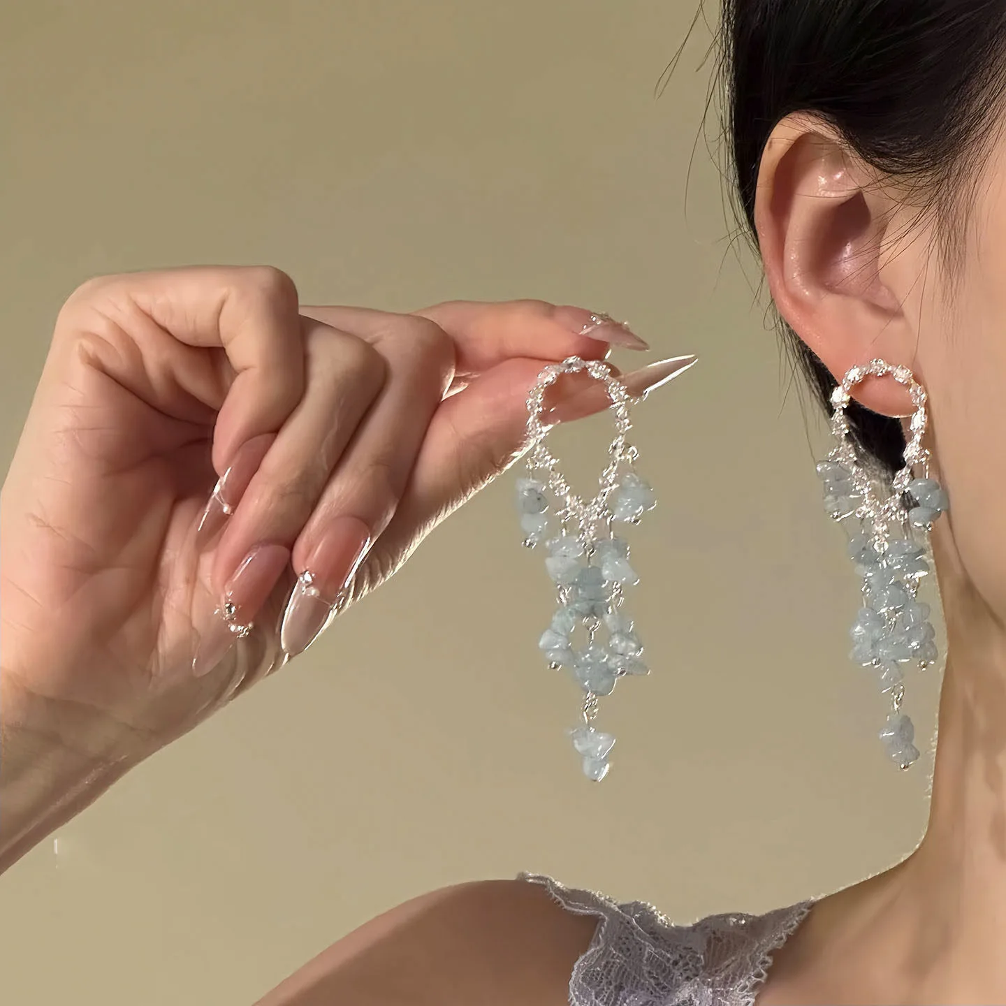 Ice Blue Tumbled Stone Long Chandelier Earrings Geometric Circular Hollow Cluster Dangle Wedding Vacation Earring