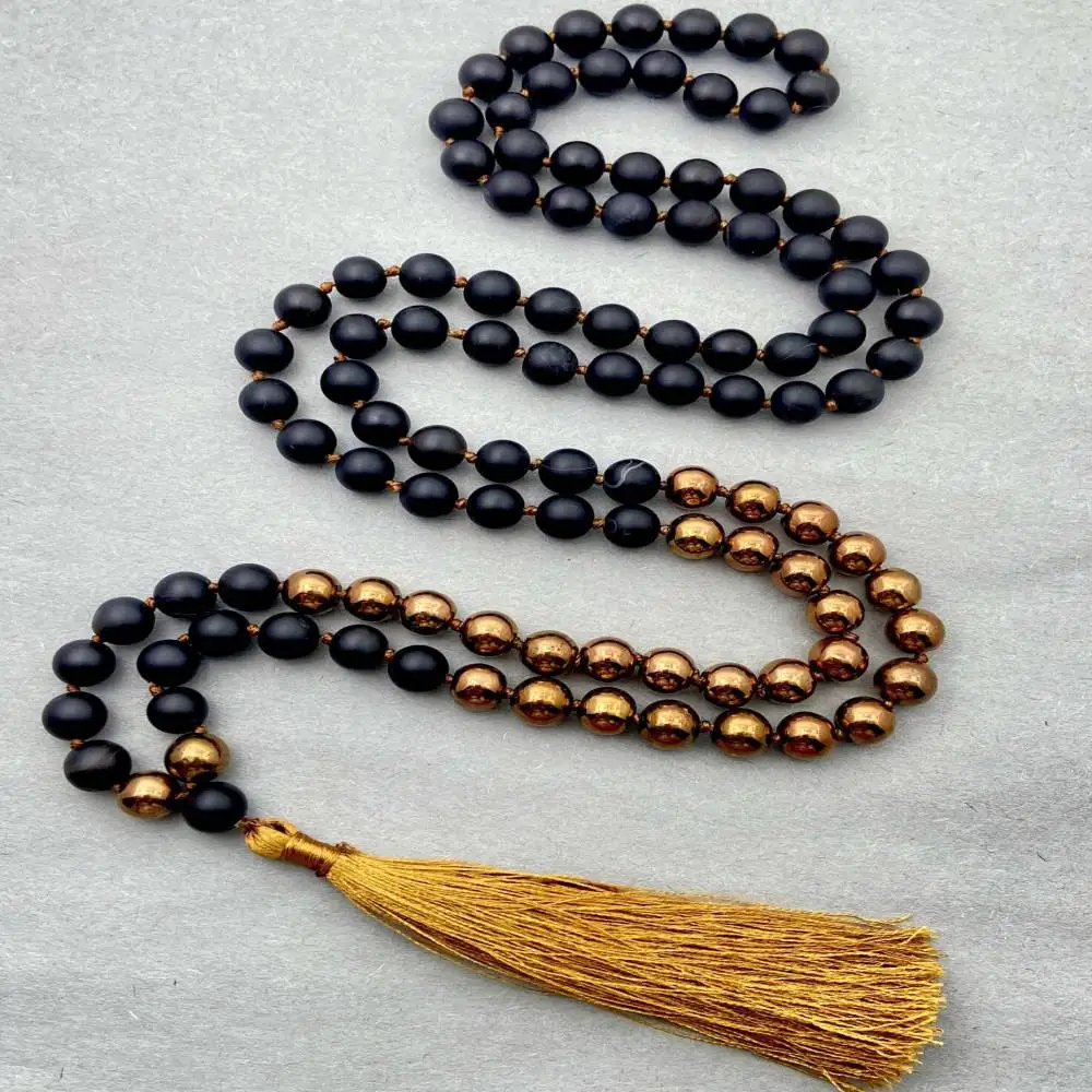 

Natural Matte Black Obsidian 108 Beads Mala Necklace with Gold Hematite Accent Gold Tassel Spiritual Jewelry