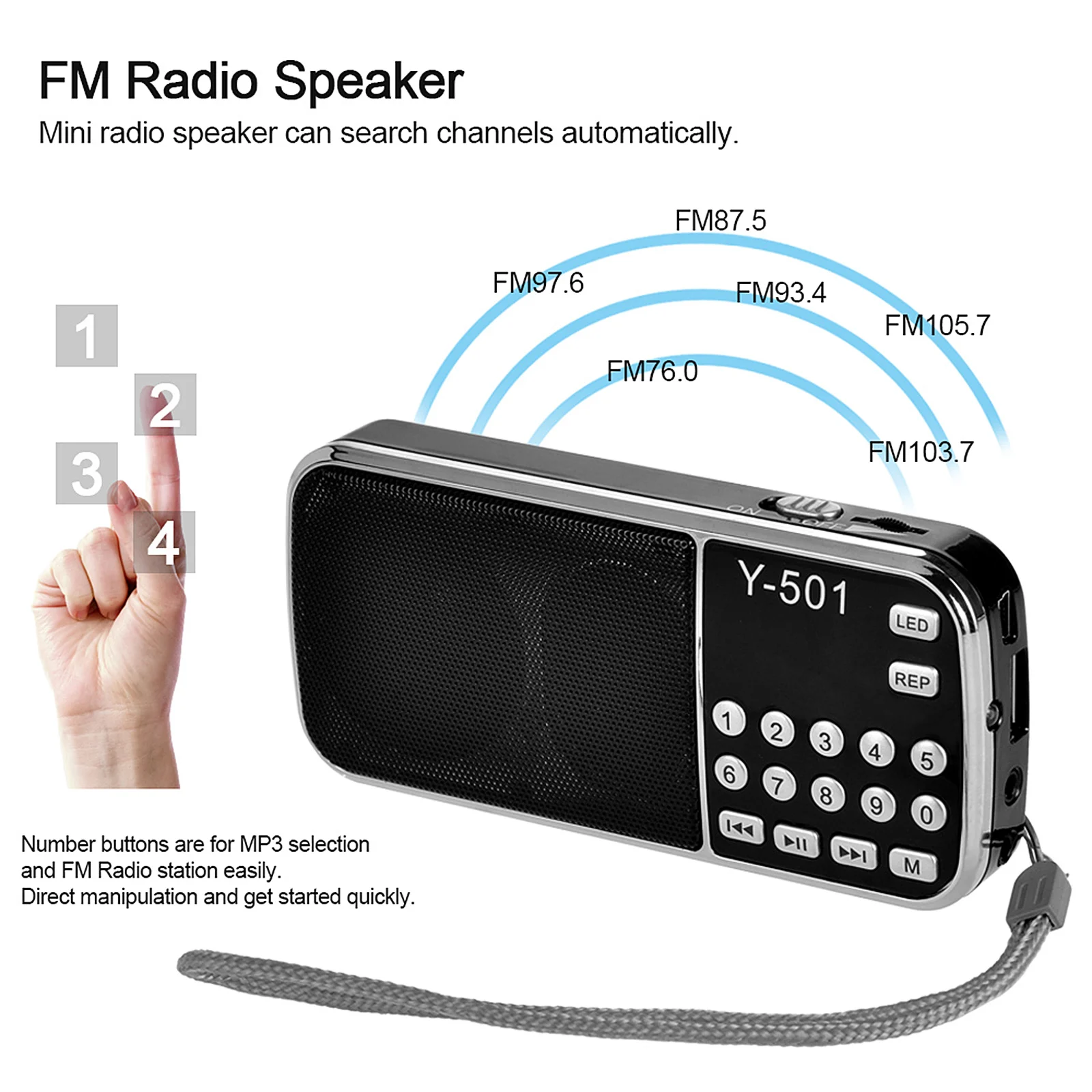 Y-501 Mini FM Radio Digital Portable 3W Stereo Speaker MP3 Audio Player w/ LED Flashlight Support USB Drive TF Card AUX-IN